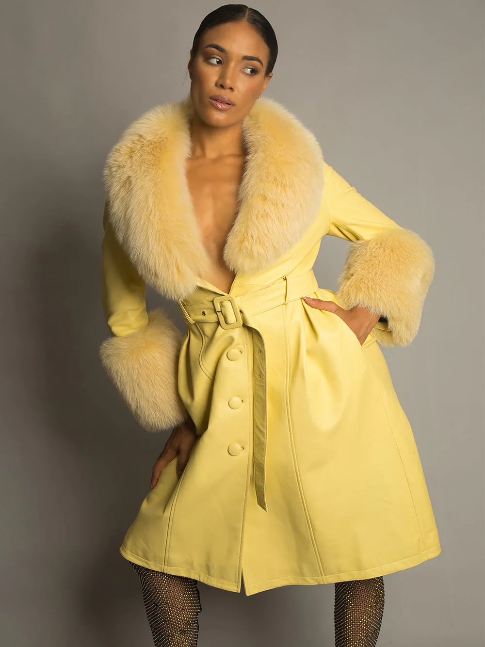 Foxy Leather Coat w/ Fox Fur In Yellow