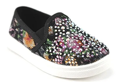 Girls FHX-08I Crystal Bling Slip On Floral Lace Canvas Shoes