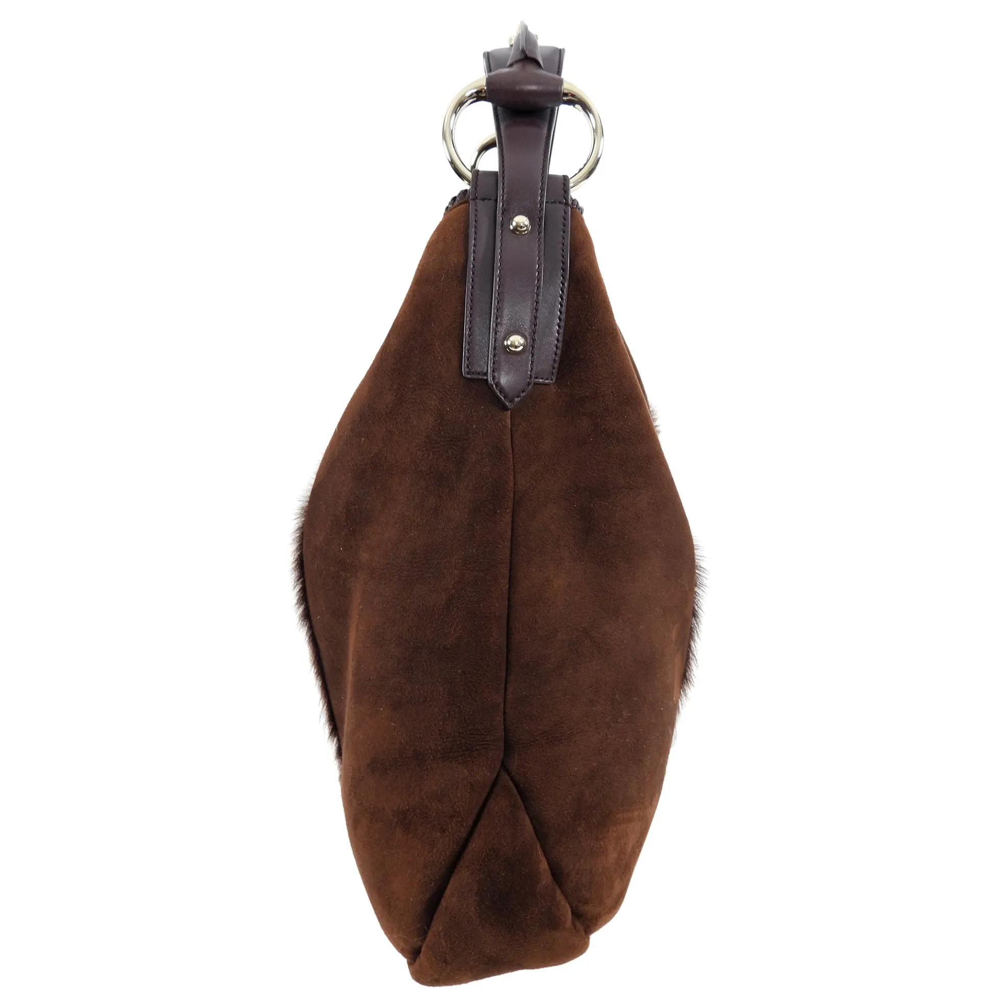 Gucci Brown Shearling Suede Large Horsebit Hobo Bag