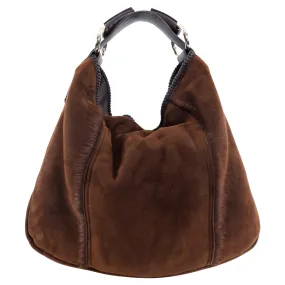 Gucci Brown Shearling Suede Large Horsebit Hobo Bag