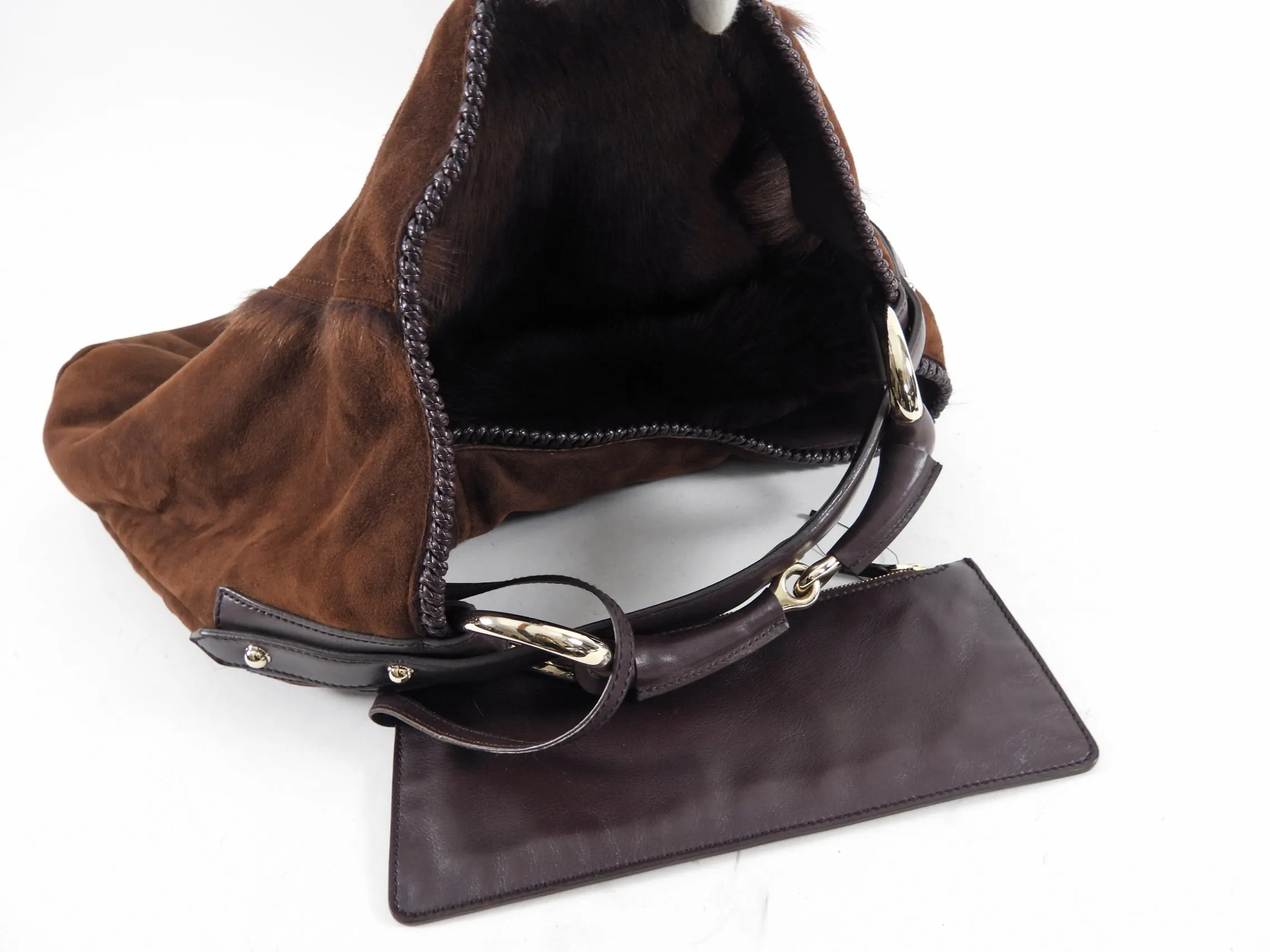 Gucci Brown Shearling Suede Large Horsebit Hobo Bag