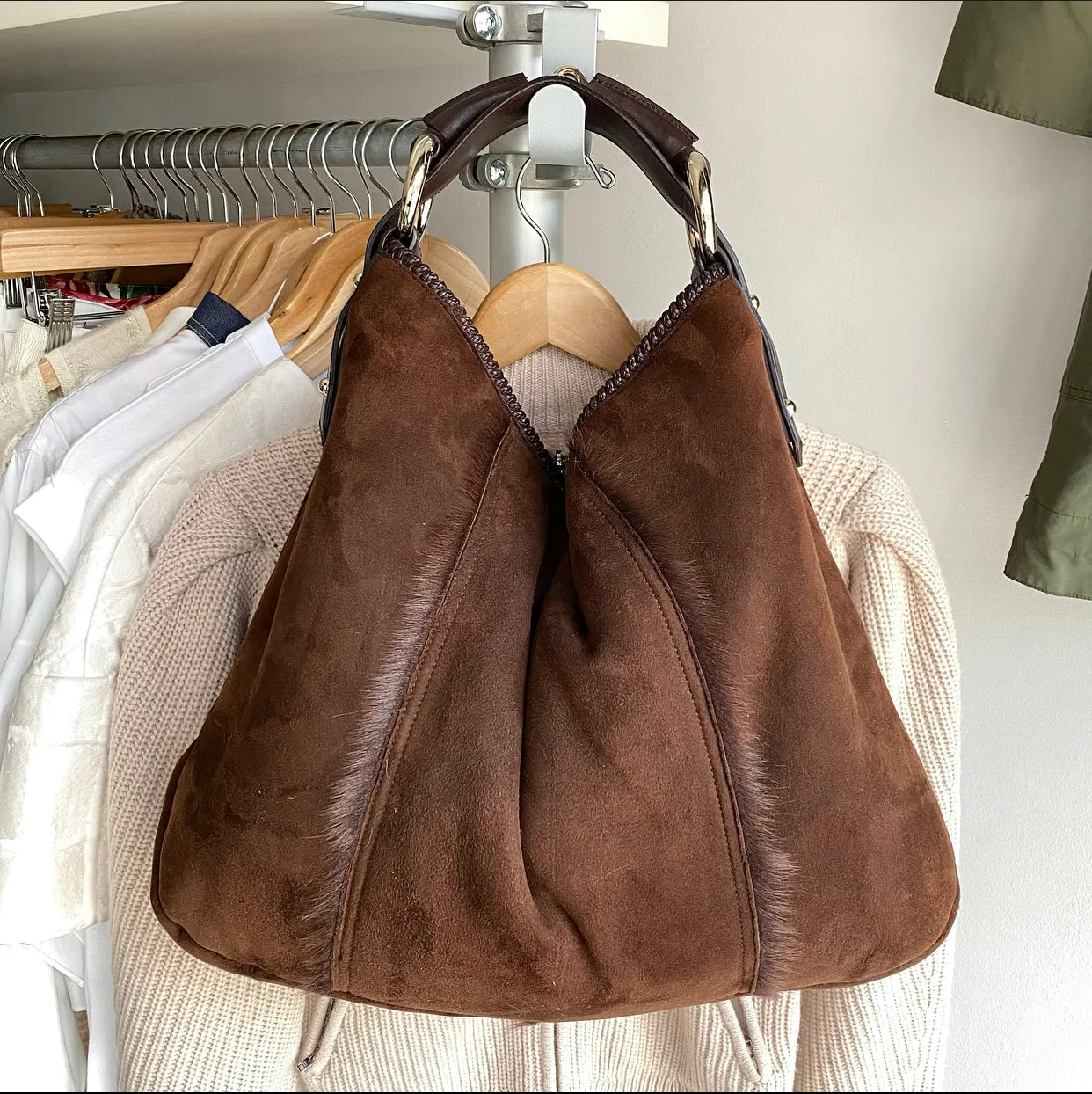 Gucci Brown Shearling Suede Large Horsebit Hobo Bag