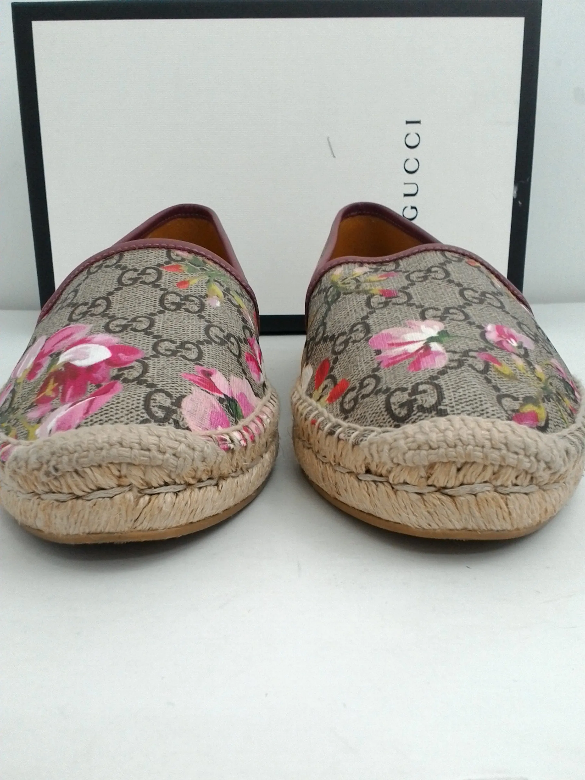 Gucci Women's Pink Floral Leather Espadrille Loafer Size 40