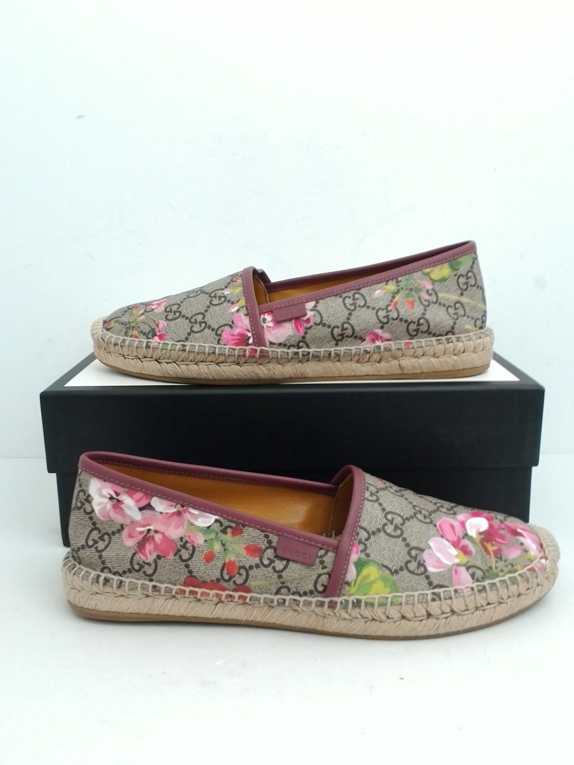 Gucci Women's Pink Floral Leather Espadrille Loafer Size 40