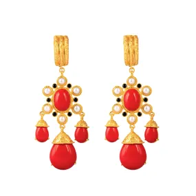 Gypsy Earrings Red Coral, Black Onyx & Pearls