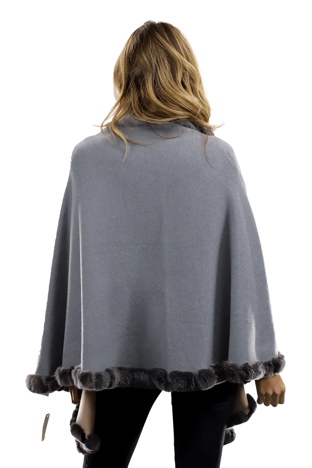 Knitted Wrap with Rex Rabbit Fur Trim - Blue/Blush