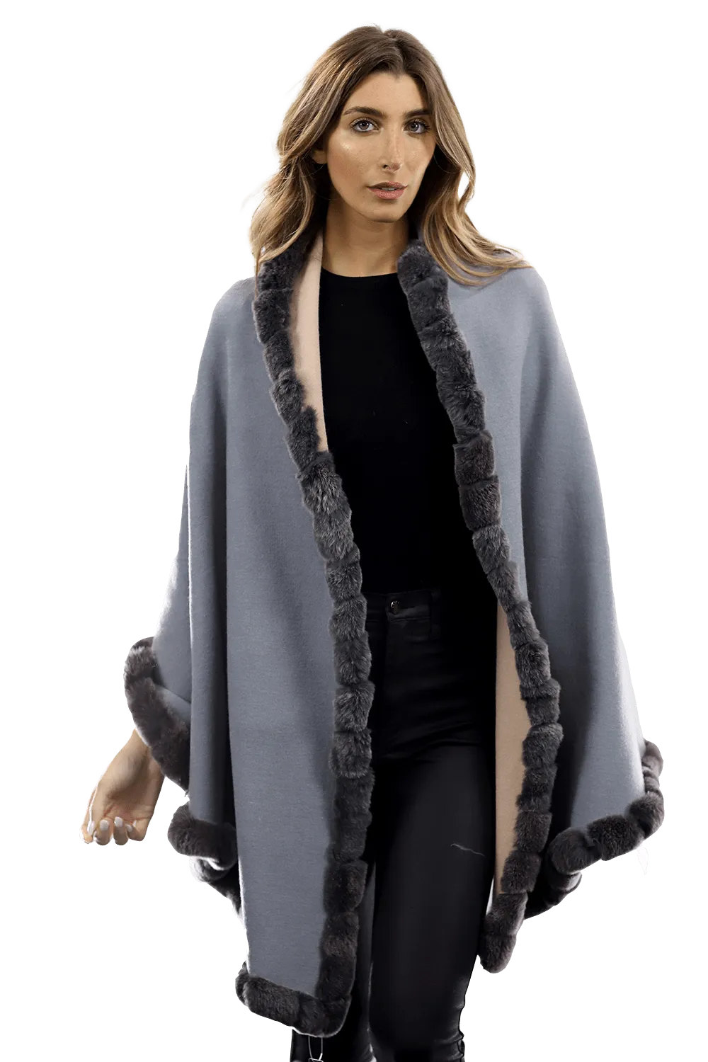 Knitted Wrap with Rex Rabbit Fur Trim - Blue/Blush