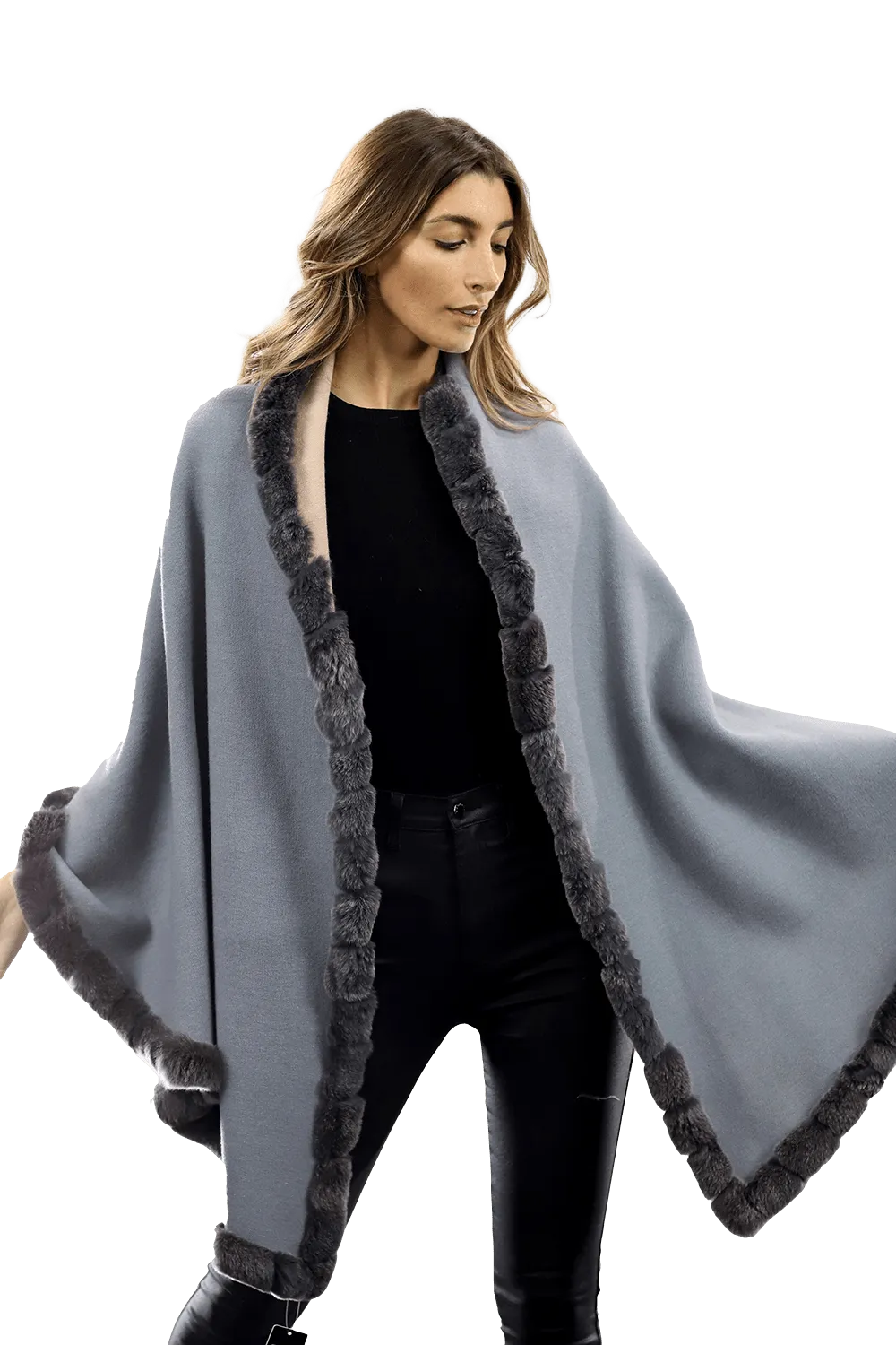 Knitted Wrap with Rex Rabbit Fur Trim - Blue/Blush