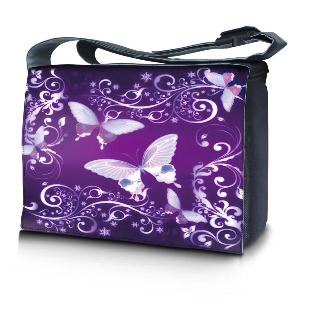 Laptop Padded Compartment Shoulder Messenger Bag Carrying Case & Matching Skin & Mouse Pad – Purple Butterfly