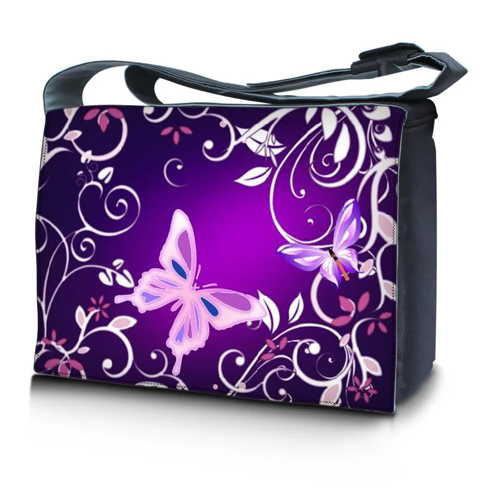 Laptop Padded Compartment Shoulder Messenger Bag Carrying Case & Matching Skin – Purple Butterfly Floral