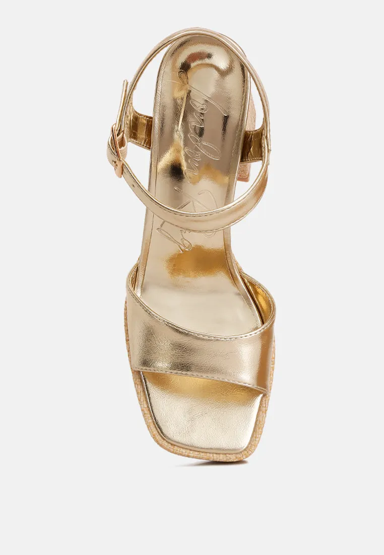 Lofty Metallic Faux Leather Block Heel Sandals