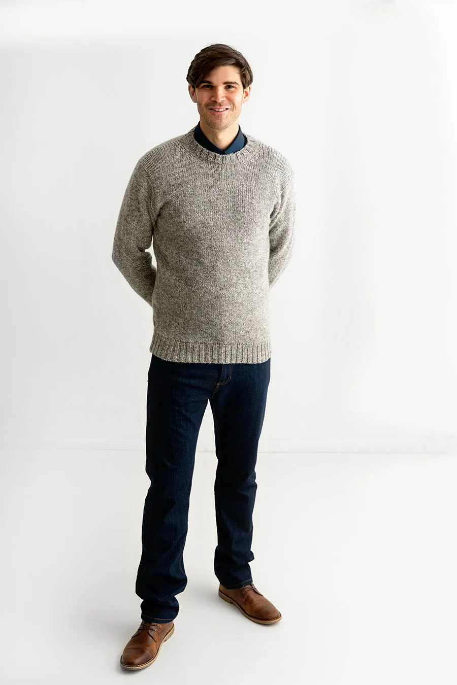 Mens Chunky Crew Neck Jumper - light brown pebble