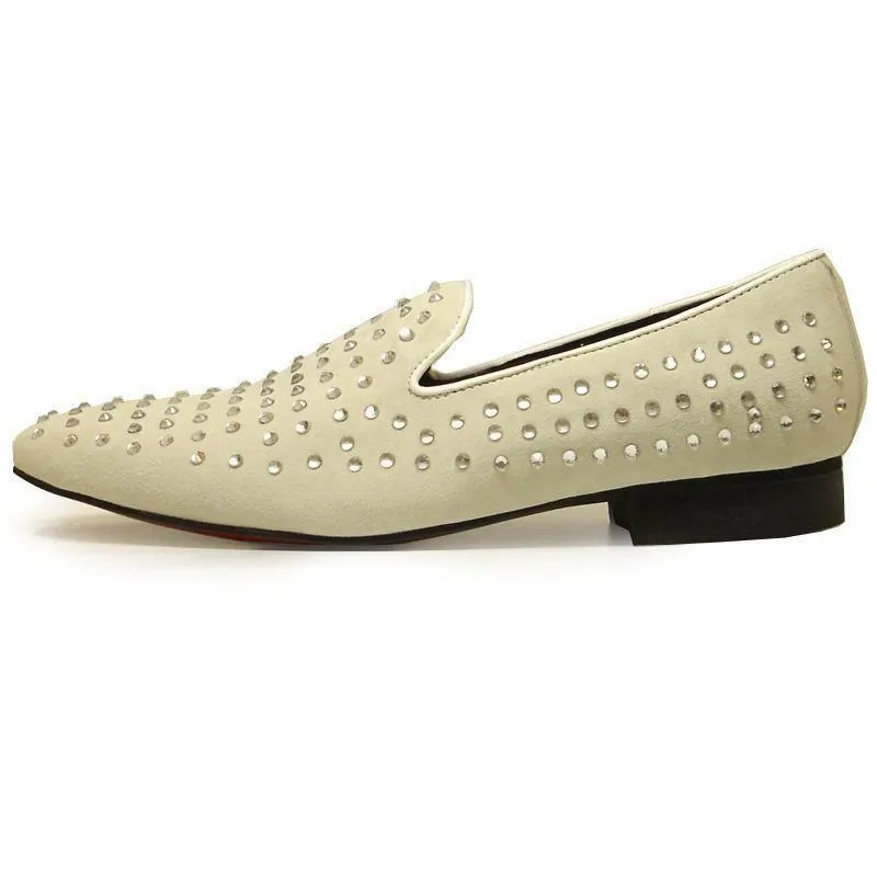 Men's Fiesso Off White Suede with Clear Rhinestones Slip On Shoes FI 6853