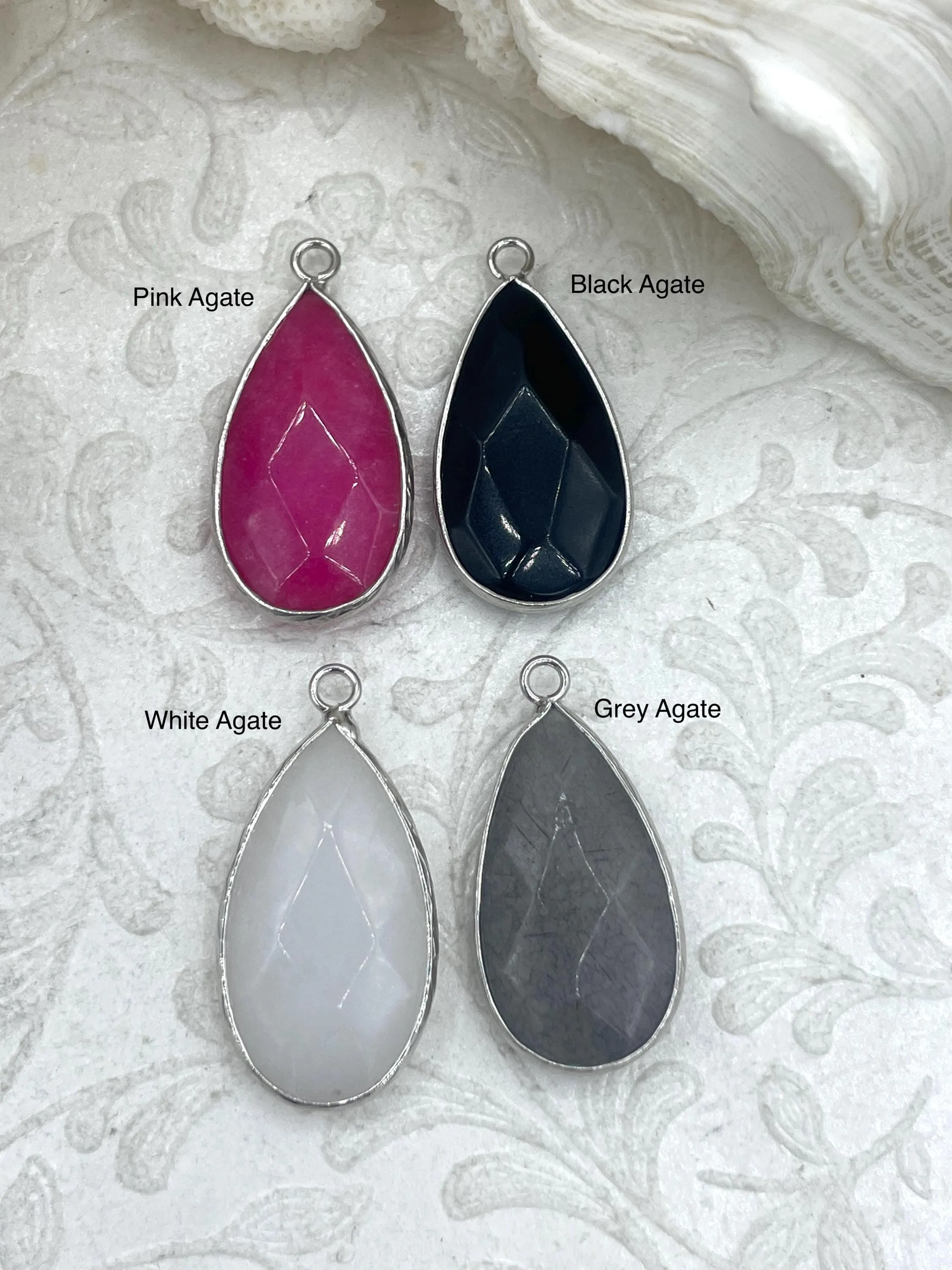 Natural Stone Teardrop Pendant with Wrapped Silver Bezel, Silver plated Brass Bezel, 4 Stone Colors to choose from, Stone Pendant, Fast Ship