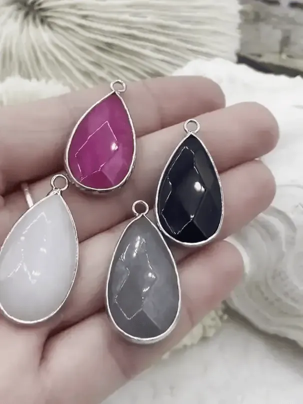 Natural Stone Teardrop Pendant with Wrapped Silver Bezel, Silver plated Brass Bezel, 4 Stone Colors to choose from, Stone Pendant, Fast Ship