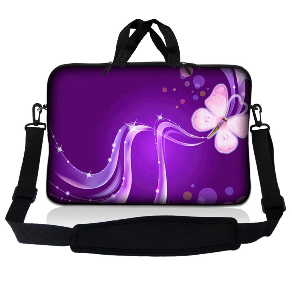 Notebook / Netbook Sleeve Carrying Case w/ Handle & Adjustable Shoulder Strap & Matching Skin – Purple Butterfly Floral