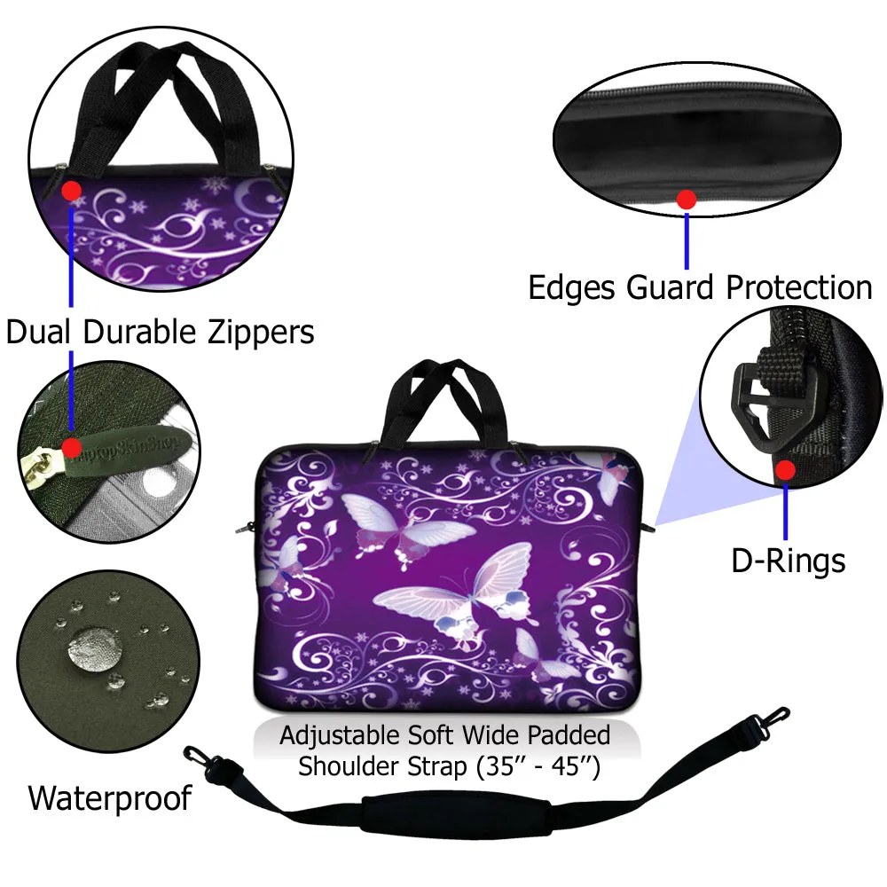 Notebook / Netbook Sleeve Carrying Case w/ Handle & Adjustable Shoulder Strap & Matching Skin – Purple Butterfly