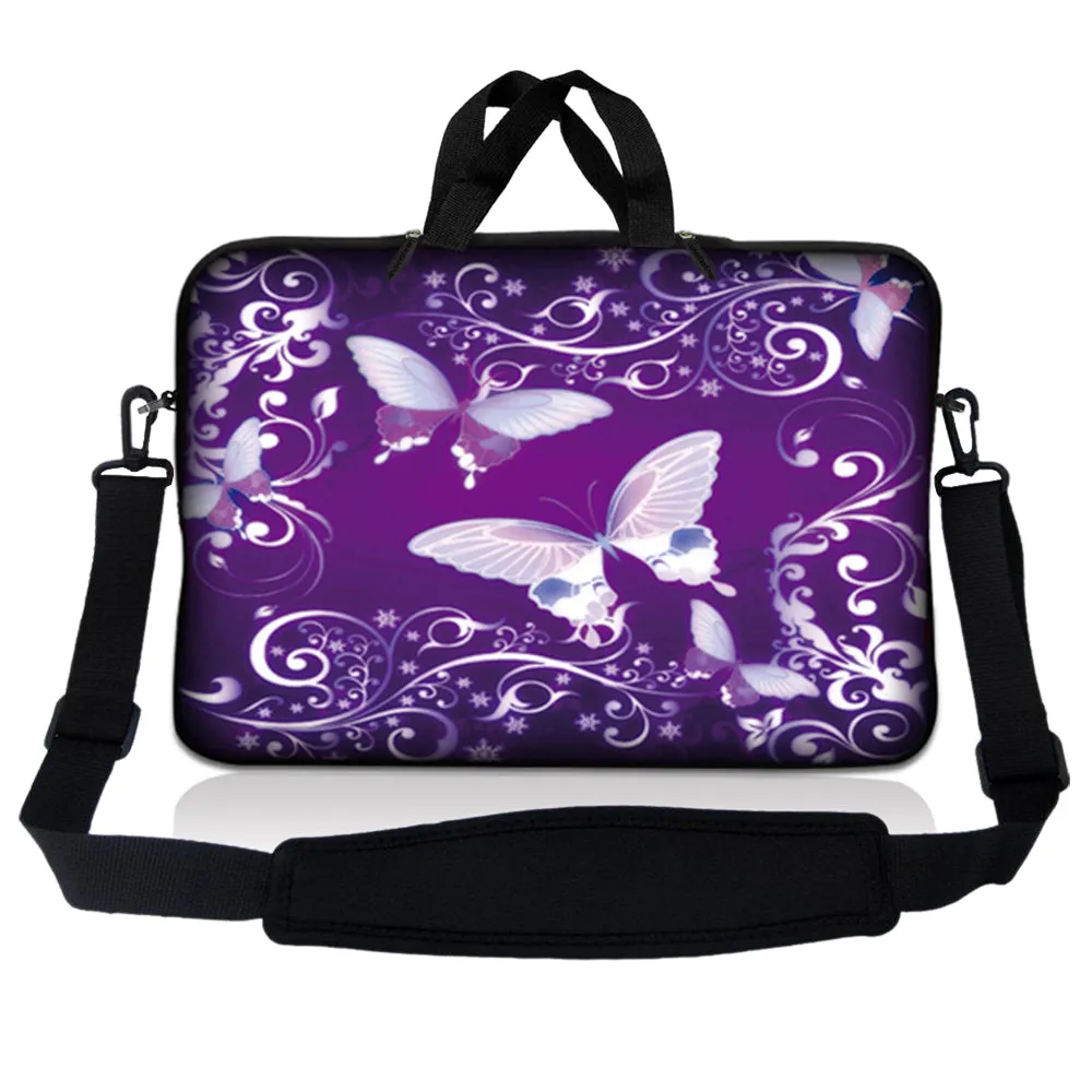 Notebook / Netbook Sleeve Carrying Case w/ Handle & Adjustable Shoulder Strap & Matching Skin – Purple Butterfly