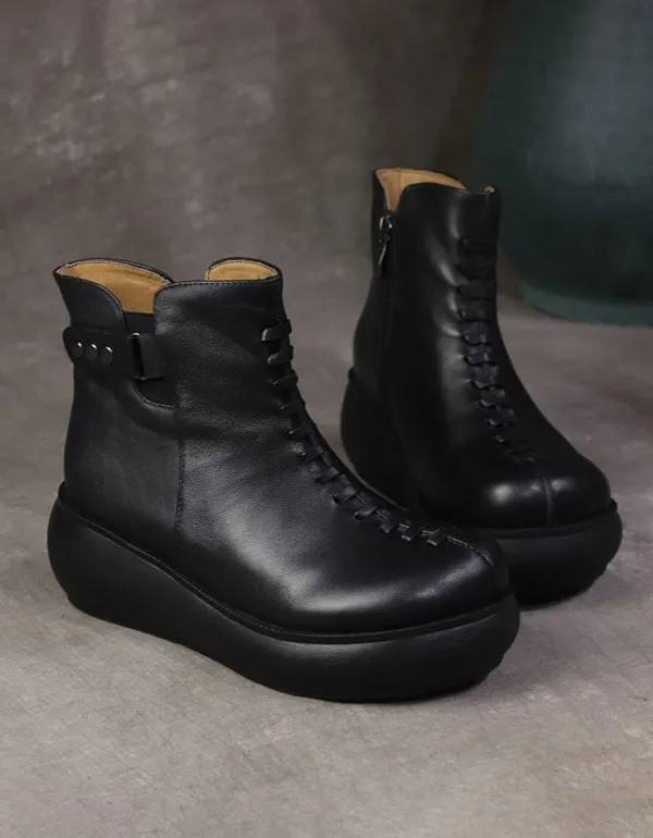 OBIONO Retro Leather Handmade Platform Boots