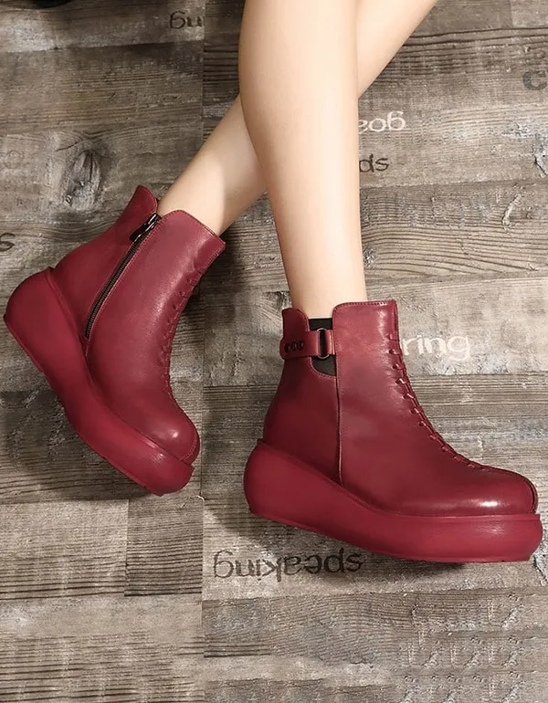 OBIONO Retro Leather Handmade Platform Boots