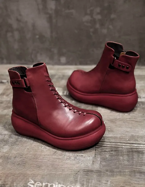 OBIONO Retro Leather Handmade Platform Boots