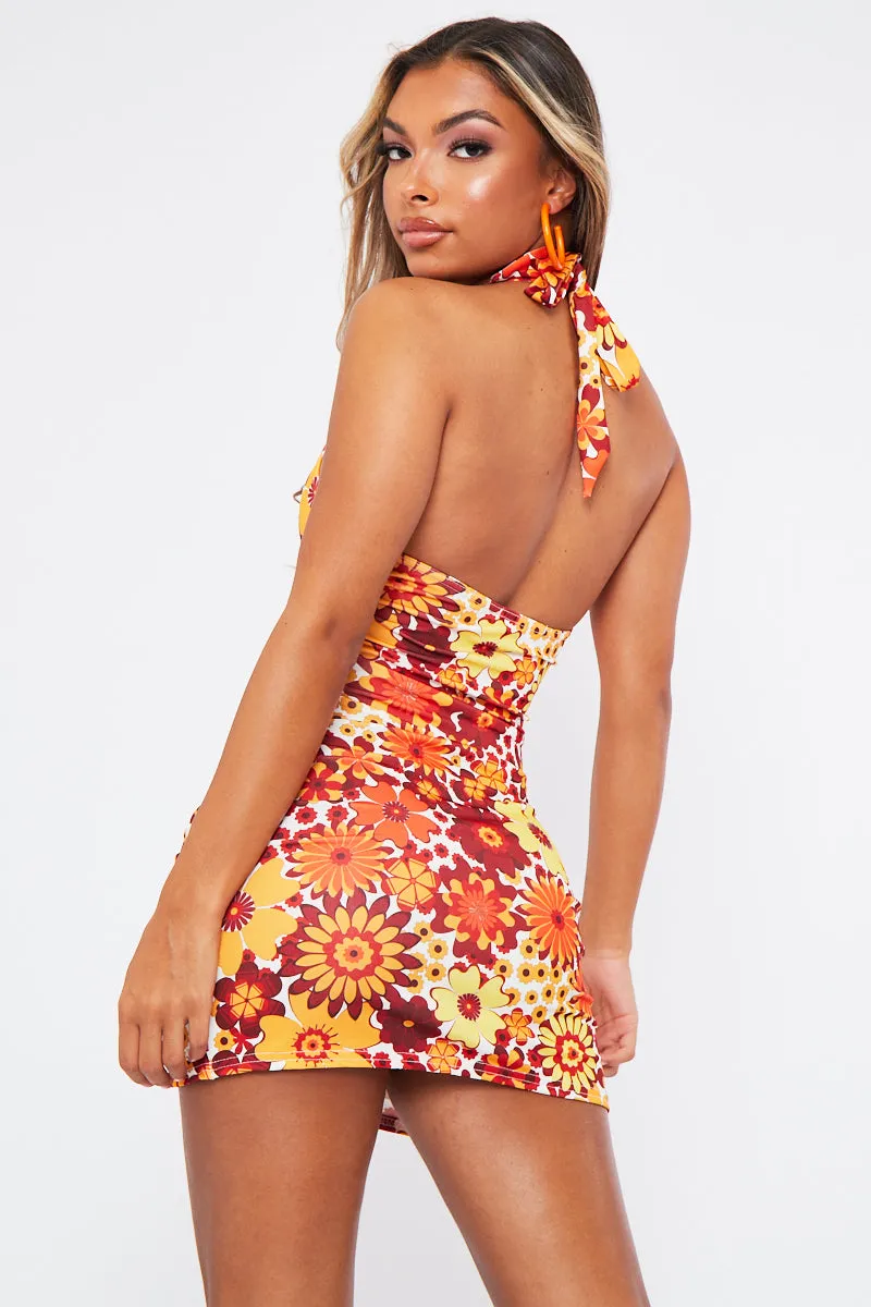 Orange Floral Print Ring Halter Neck Slinky Mini Dress - Mili