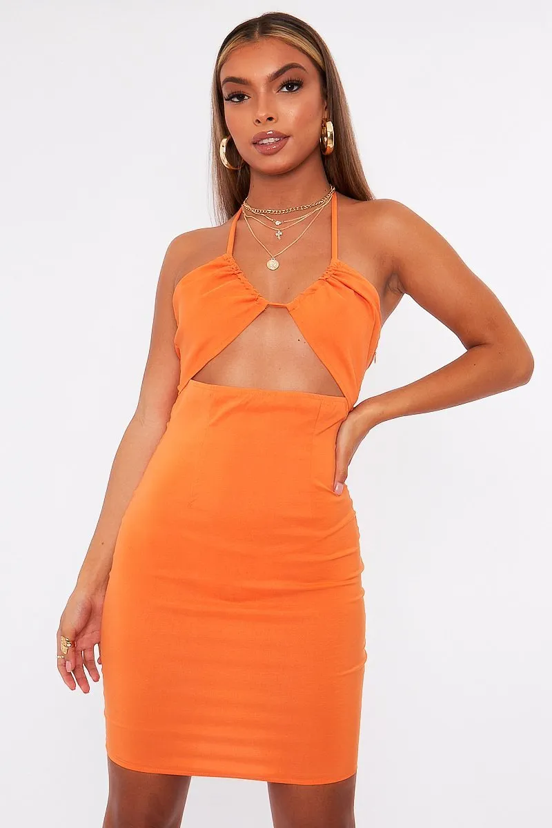 Orange Halter Neck Cut Out Mini Dress - Jorji