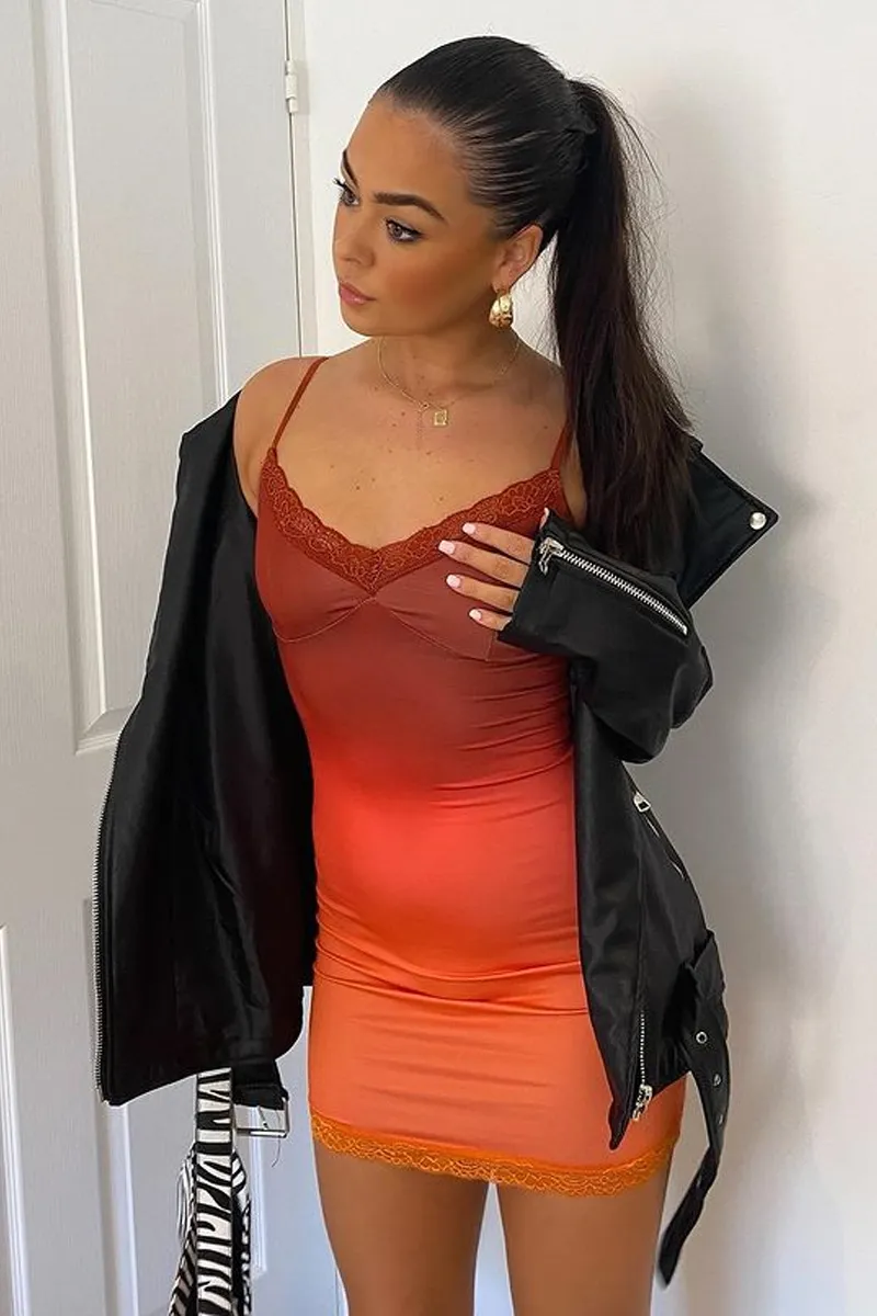 Orange Ombre Strappy Lace Detail Bodycon Mini Dress - Pari