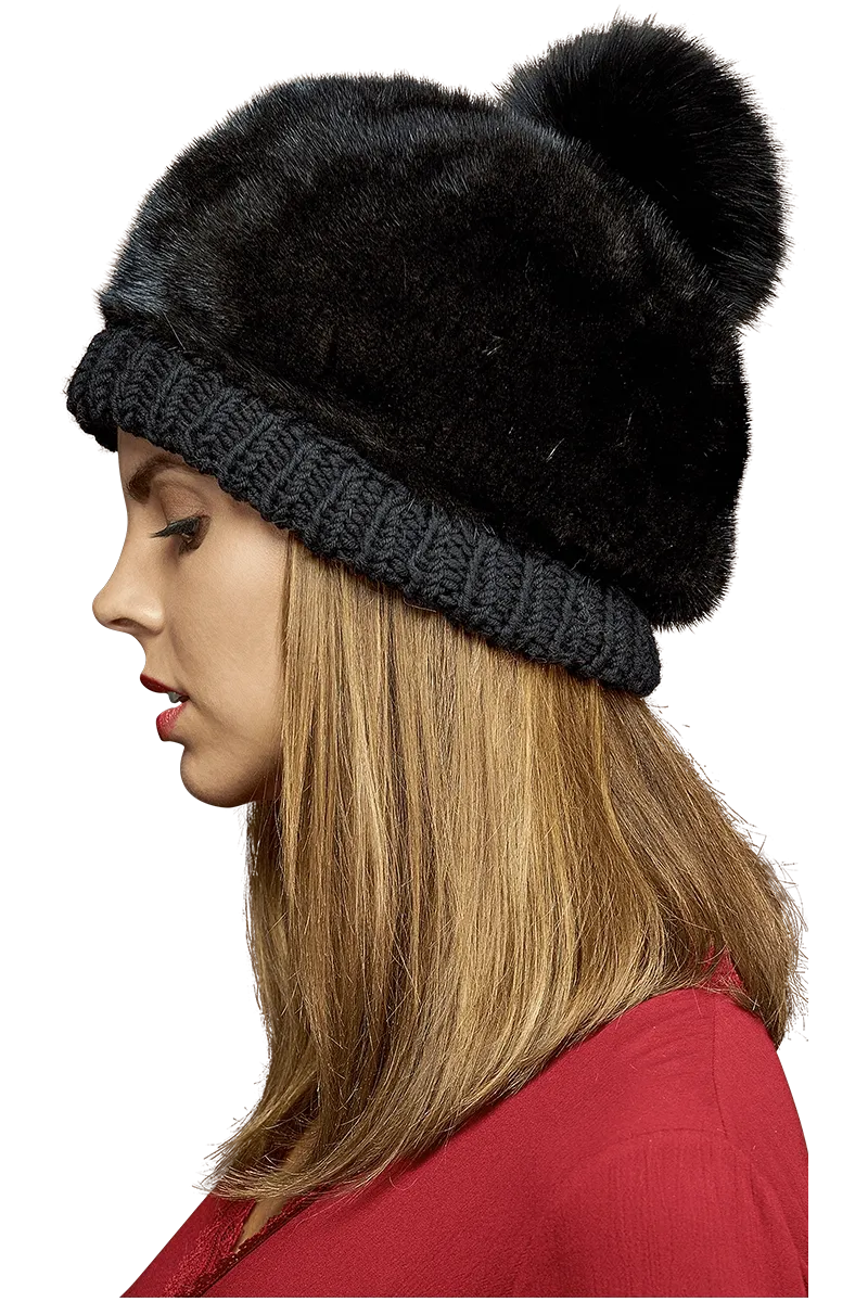 Perforated Mink Beanie Hat-Mink Fur Pom Pom