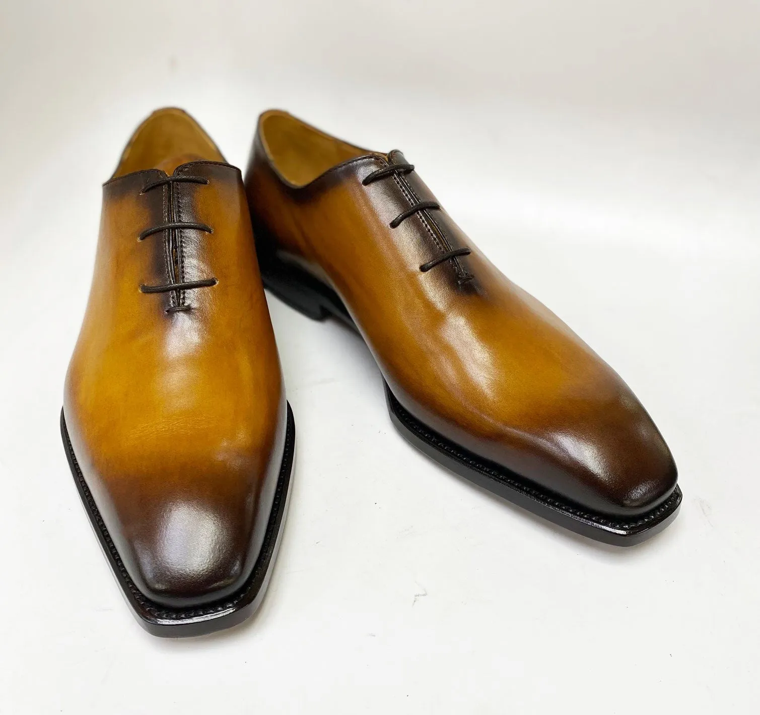 "Jason Sr" Burnished Calfskin Lace-Up Oxford Caramel