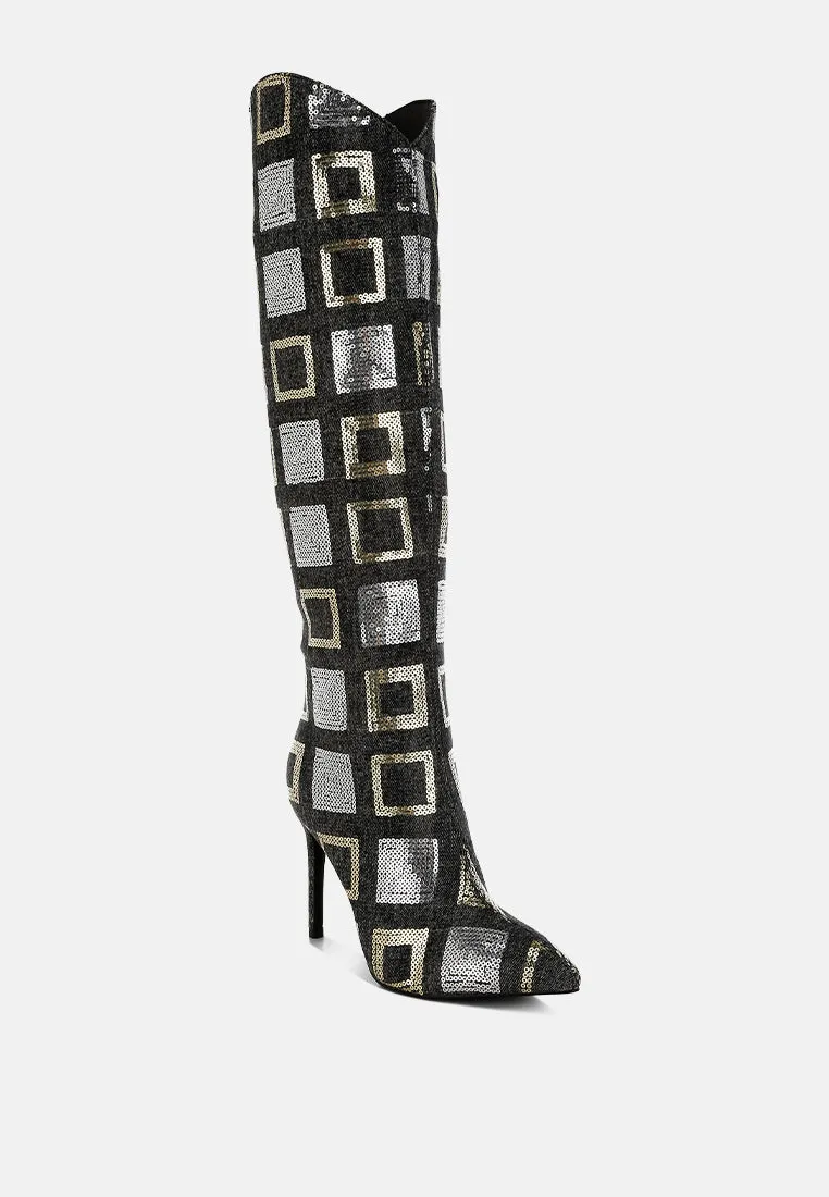 Sharmin Checkered Sequin Knee High Boots