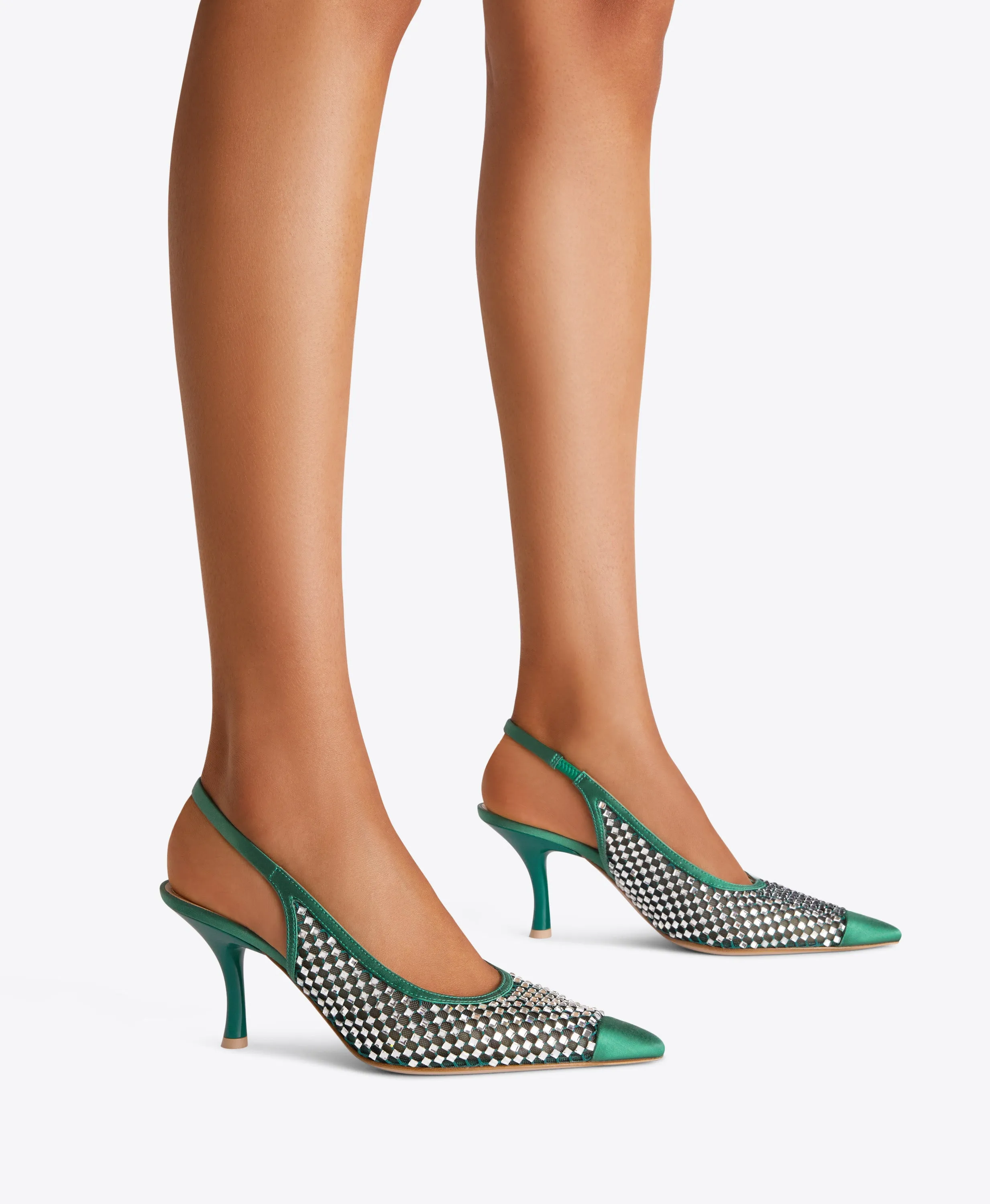 Vesper 70 Green Crystal Satin Slingbacks