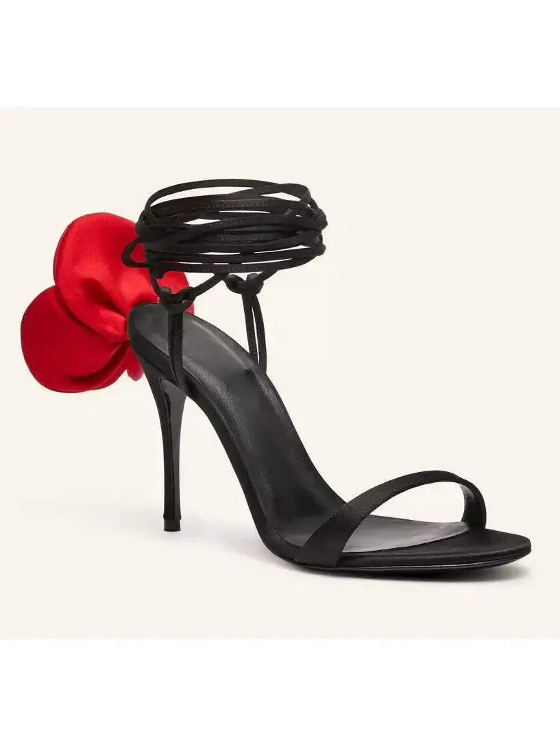 Women’s 105mm Wrap-Around Satin Flower Sandals in Red and Black