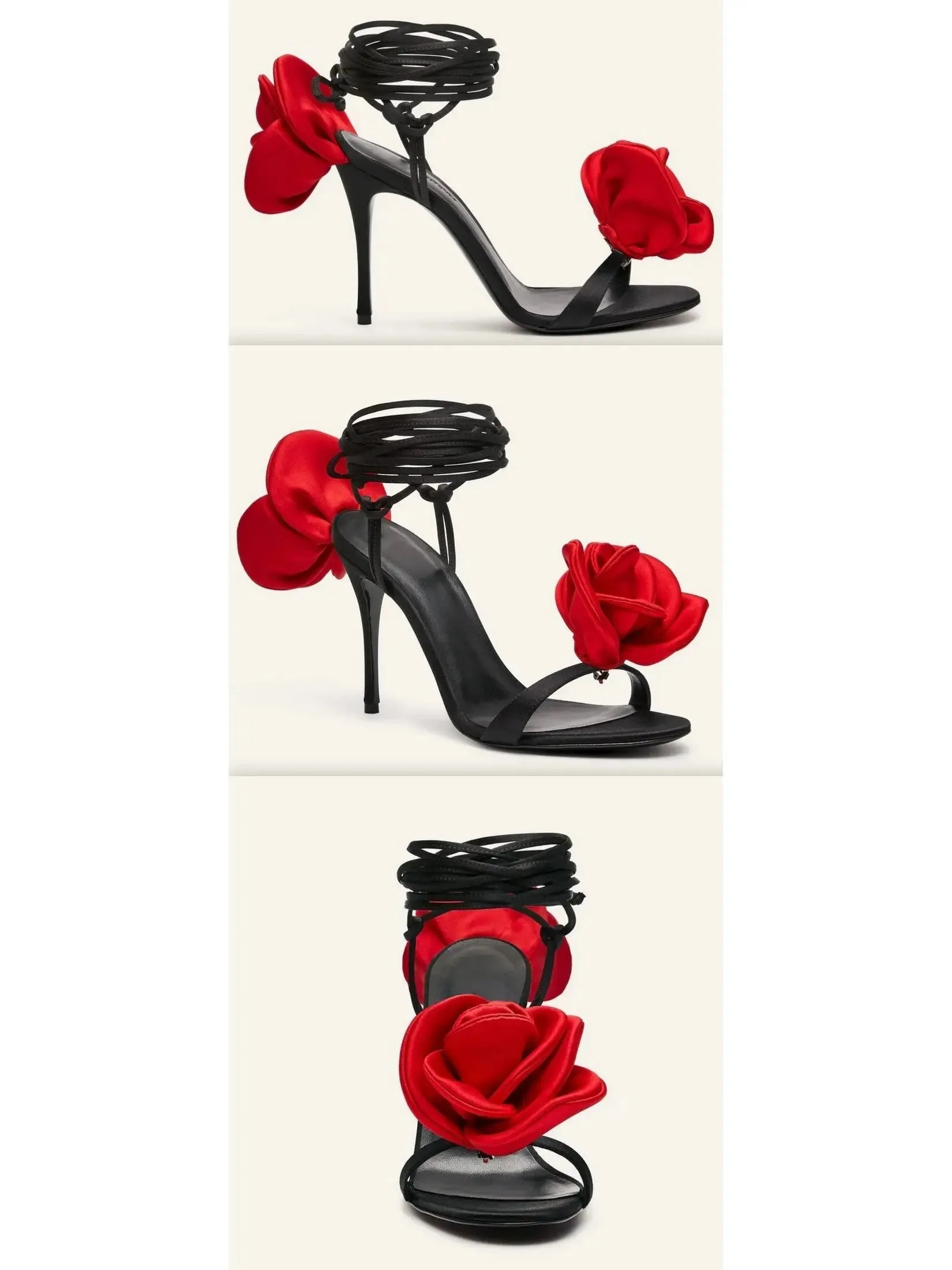 Women’s 105mm Wrap-Around Satin Flower Sandals in Red and Black