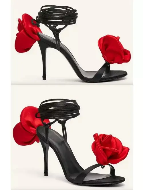 Women’s 105mm Wrap-Around Satin Flower Sandals in Red and Black