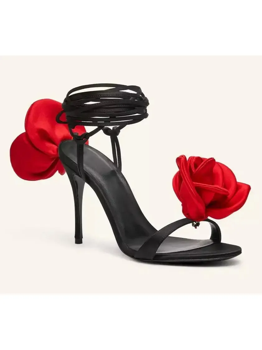 Women’s 105mm Wrap-Around Satin Flower Sandals in Red and Black