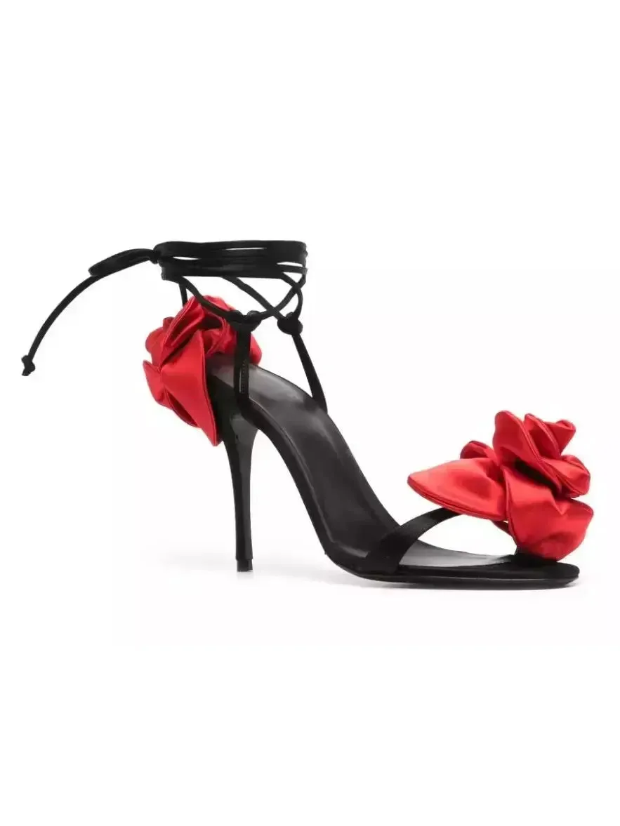 Women’s 105mm Wrap-Around Satin Flower Sandals in Red and Black