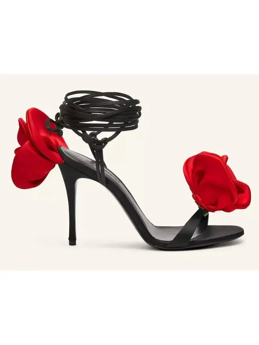 Women’s 105mm Wrap-Around Satin Flower Sandals in Red and Black