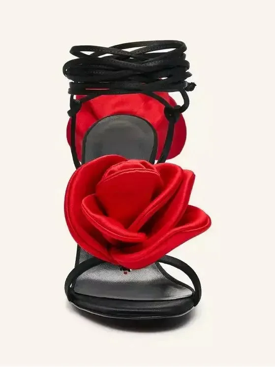 Women’s 105mm Wrap-Around Satin Flower Sandals in Red and Black