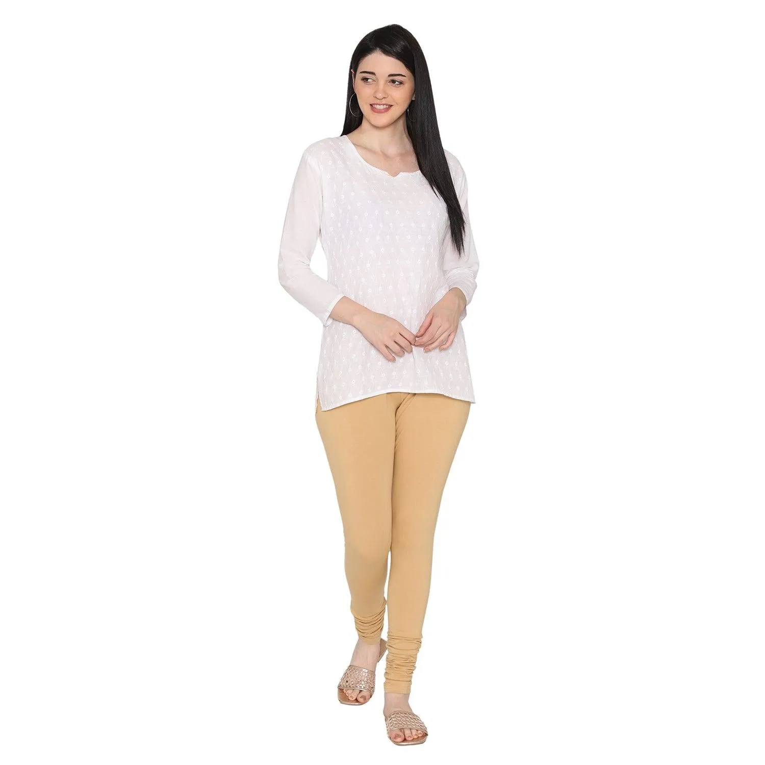 Women's Cotton Churidar Leggings (Free Size) - Beige